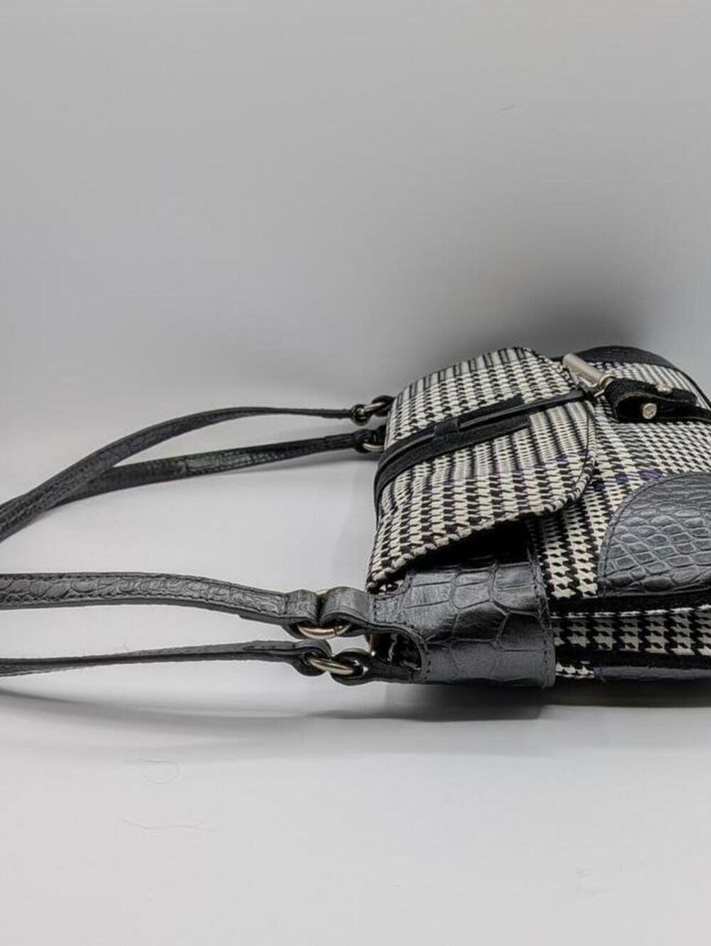 Lauren Ralph Lauren $298 Y2K Black White Purple Houndstooth Leather Accent Bag - Picture 8 of 10